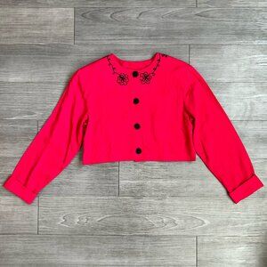 Vintage Betty & Sheila Red Floral Embroidered Rose Button Cropped Blazer Size L